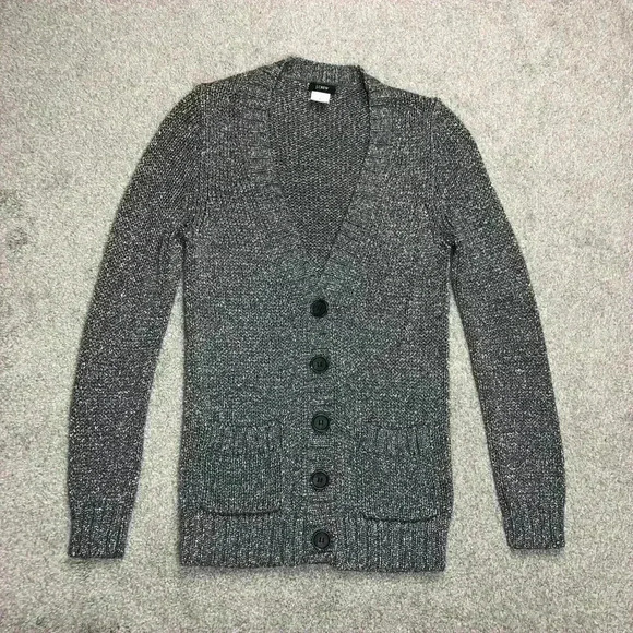 J Crew Cardigan Silver Metallic Knit V Neckline Buttons Pockets Sz S - Picture 1 of 7
